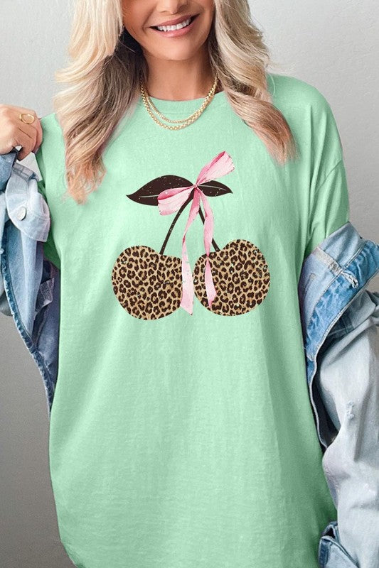 Leopard Cherry Bow Graphic Heavy Cotton Tee