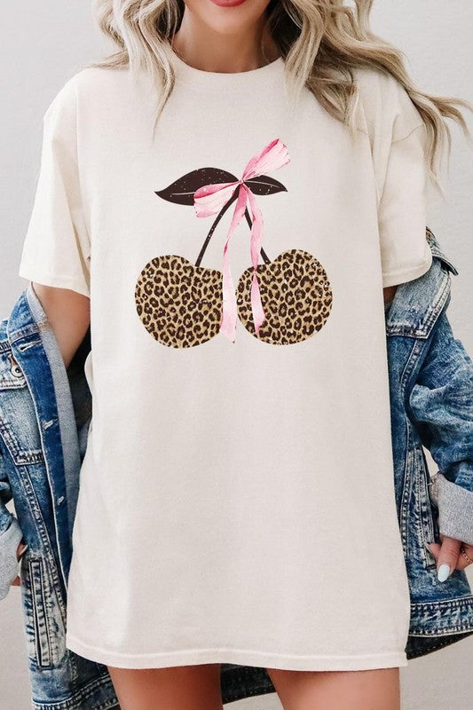 Leopard Cherry Bow Graphic Heavy Cotton Tee