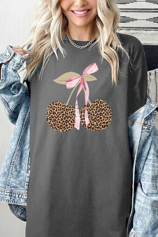 Leopard Cherry Bow Graphic Heavy Cotton Tee