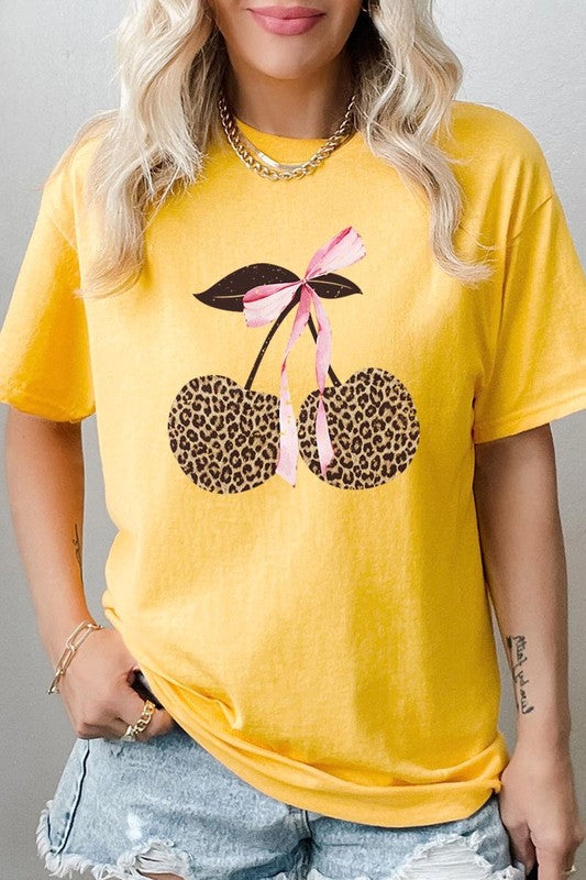 Leopard Cherry Bow Graphic Heavy Cotton Tee