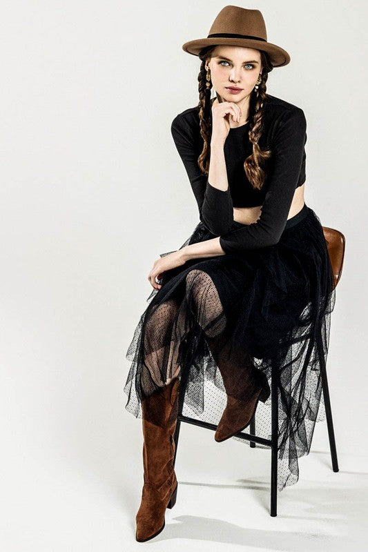 Waterfall PolkaDot Mesh Ruffle Midi Skirt