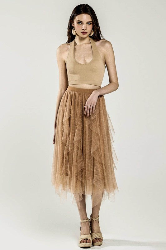 Waterfall PolkaDot Mesh Ruffle Midi Skirt