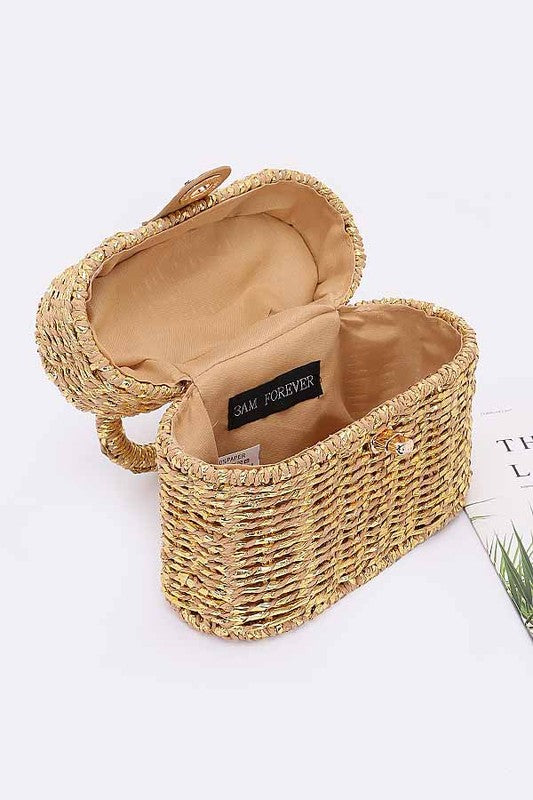 Faux Straw Metallic Top Handle Box Clutch Bag