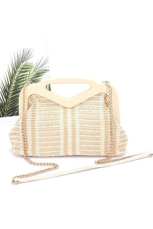 Wooden Frame Faux Straw Top Handle Clutch