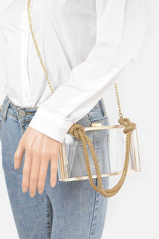 Rhinestone Top Handle Acrylic Cleared Box Clutch Bag