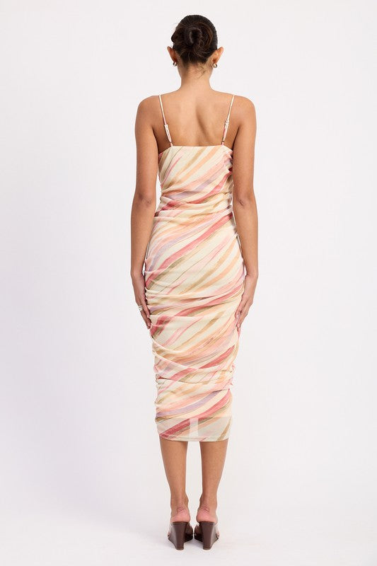Emory Park Ruched Mesh Midi Dress with Adjustable Straps