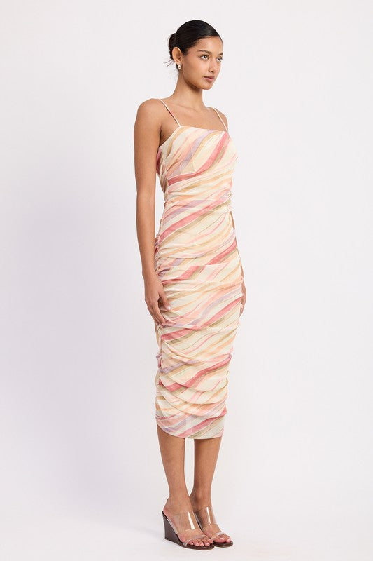 Emory Park Ruched Mesh Midi Dress with Adjustable Straps