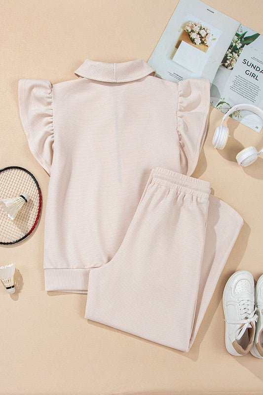 Ruffled Sleeve Zipped Top and Wide Leg Pants Set