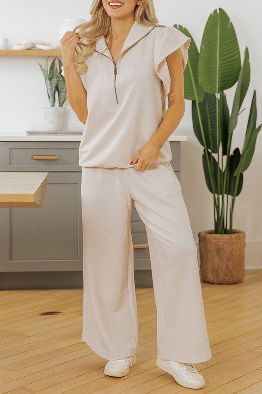 Ruffled Sleeve Zipped Top and Wide Leg Pants Set