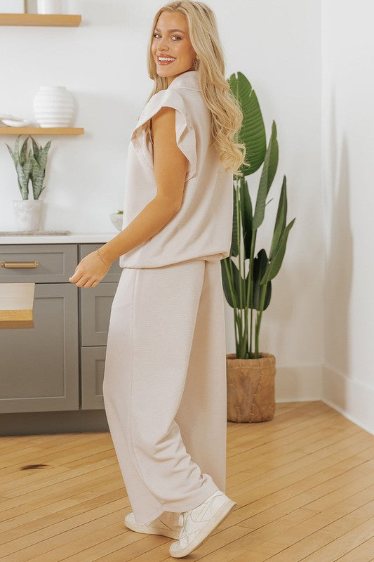 Ruffled Sleeve Zipped Top and Wide Leg Pants Set