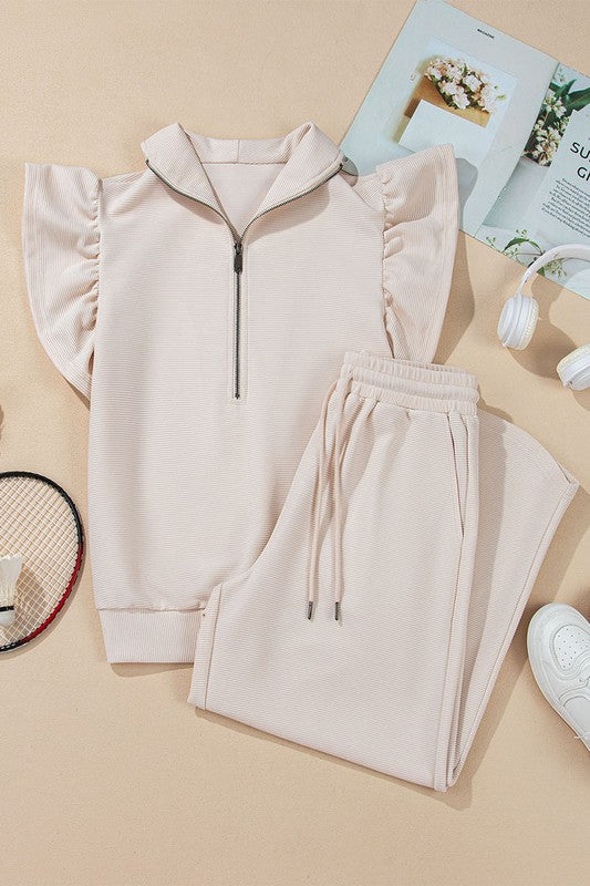 Ruffled Sleeve Zipped Top and Wide Leg Pants Set
