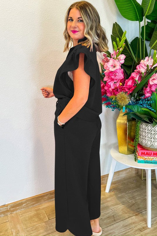 Ruffled Sleeve Zipped Top and Wide Leg Pants Set