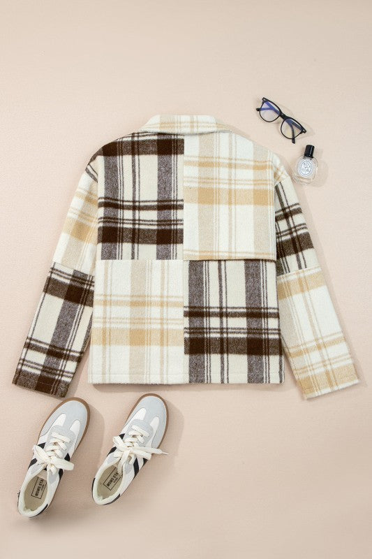 Plaid Patchwork Side Pocket Button-Up Shacket