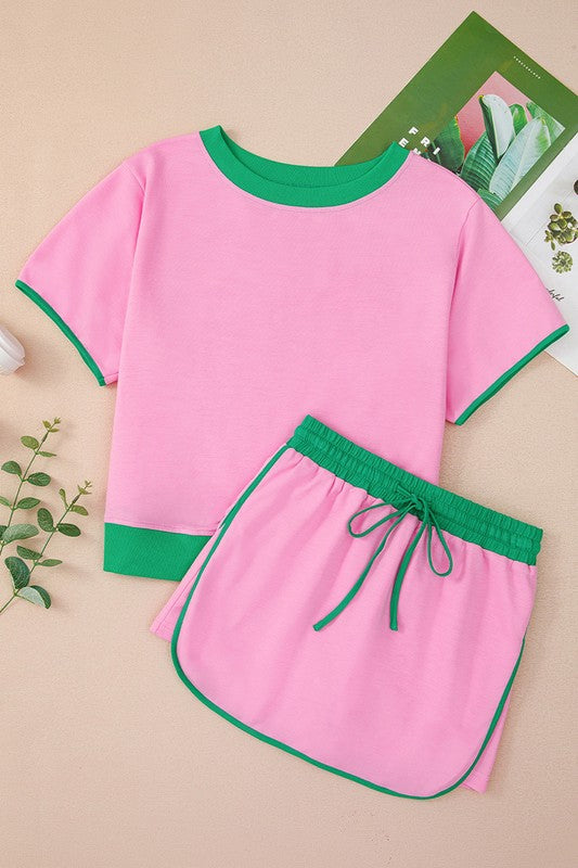 Colorblock Drop Shoulder T Shirt Skort 2Piece Set