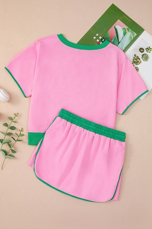 Colorblock Drop Shoulder T Shirt Skort 2Piece Set