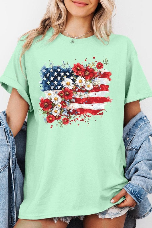 Floral American Flag Graphic Heavy Cotton Tee