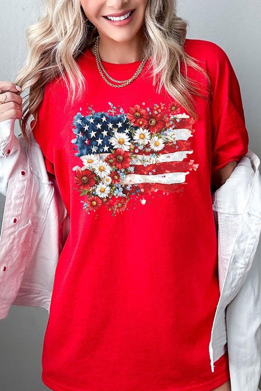 Floral American Flag Graphic Heavy Cotton Tee