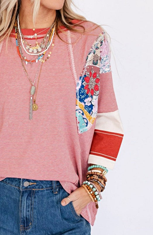 Color Block Stripe Floral Dolman Tunic Top