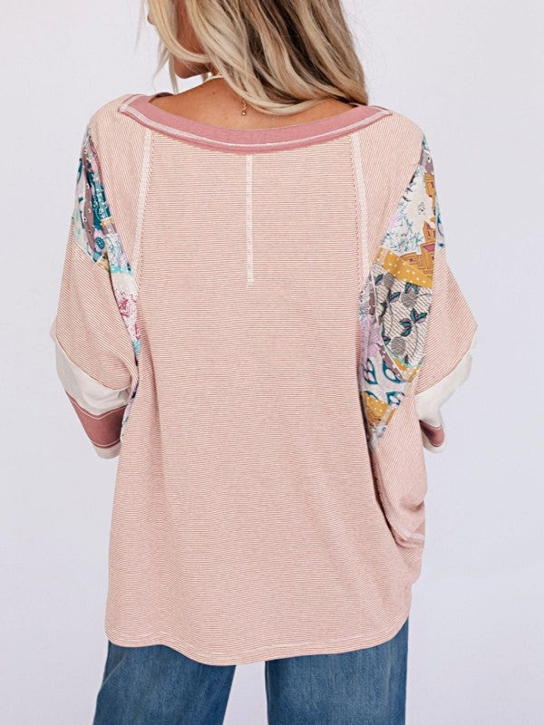 Color Block Stripe Floral Dolman Tunic Top