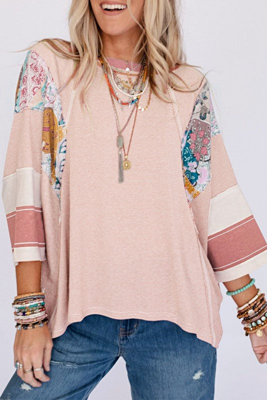 Color Block Stripe Floral Dolman Tunic Top