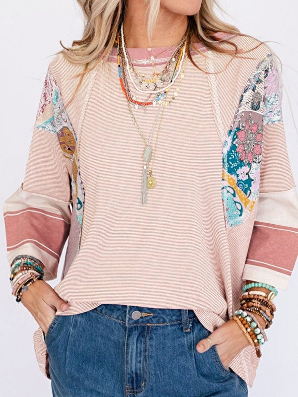 Color Block Stripe Floral Dolman Tunic Top