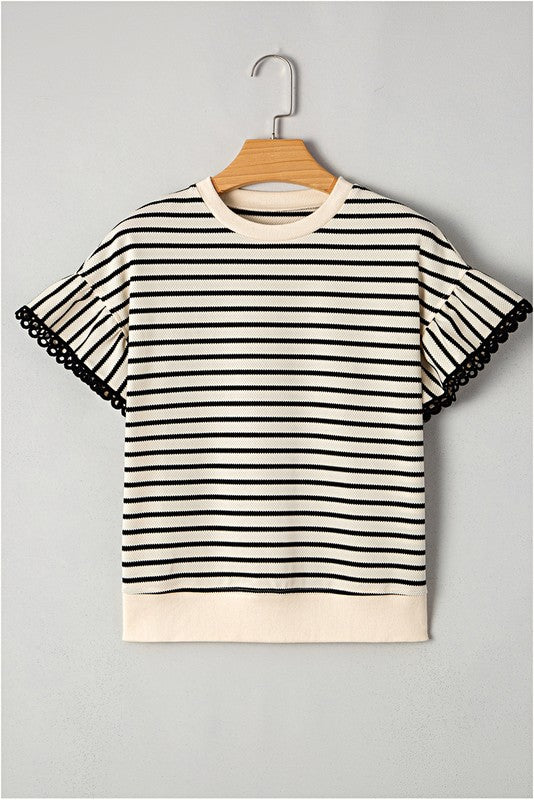 Cotton Stripe Scallop Lace Ruffle Sleeves Top