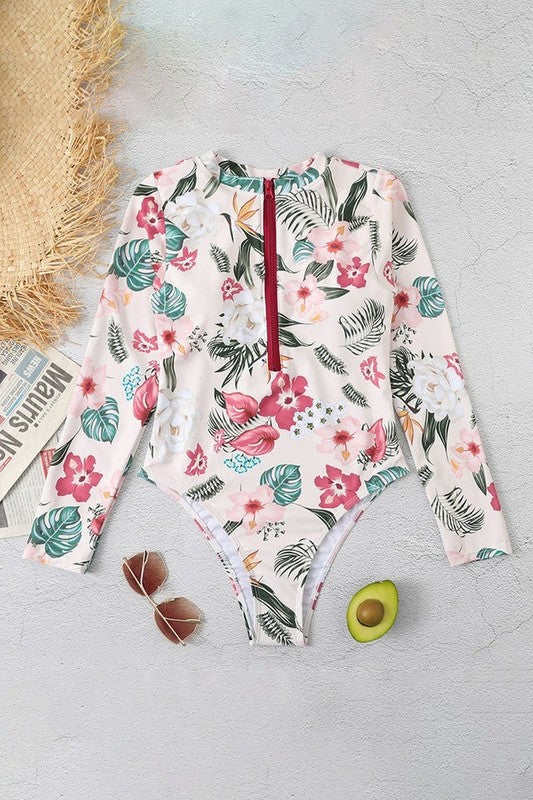 Pink Floral Zip Long Sleeve UPF50 Rash Guard