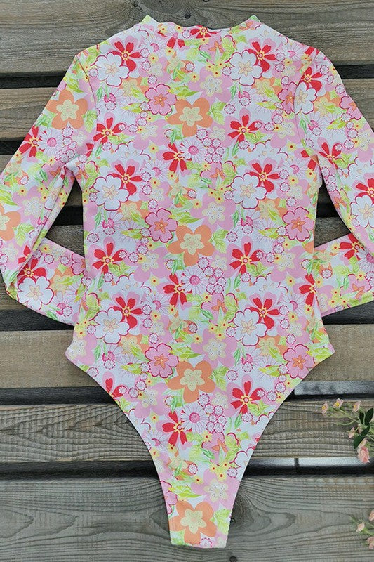 Floral Print One Piece Long Sleeve UPF50 Swimsuit