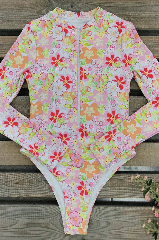 Floral Print One Piece Long Sleeve UPF50 Swimsuit