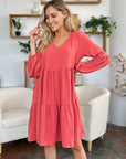 Double Take Full Size V-Neck Balloon Sleeve Tiered Dress with Pockets