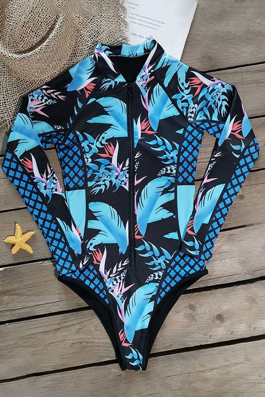 Leaf Printed Long Sleeve Half Zip UPF50 Rash Guard