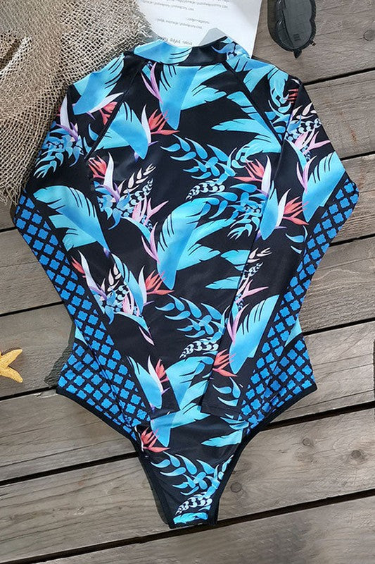 Leaf Printed Long Sleeve Half Zip UPF50 Rash Guard