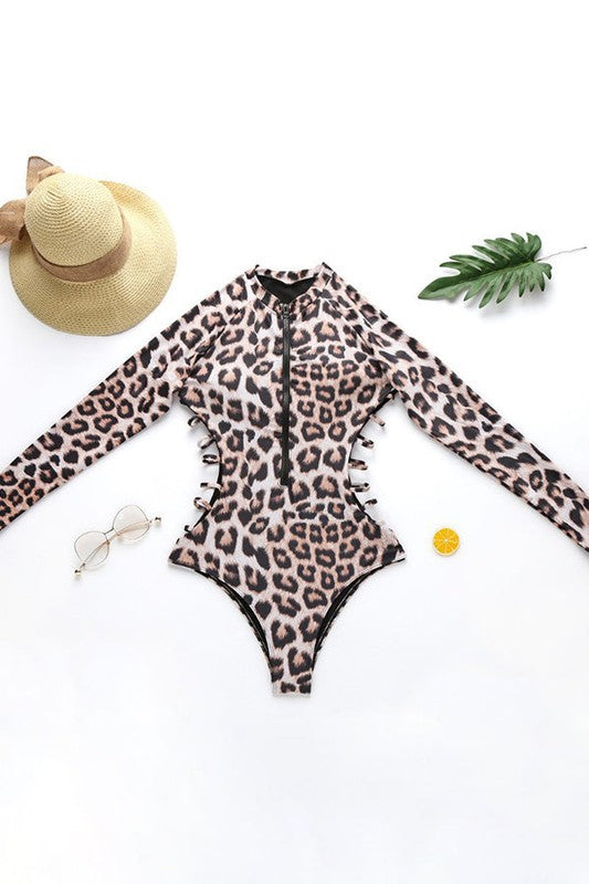 Leopard Long Sleeve Half Zip UPF50 Rash Guard