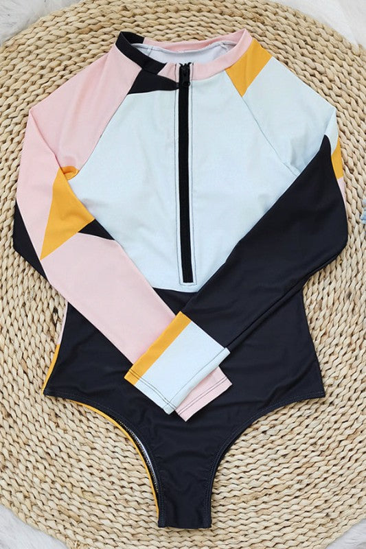 Colorblock Front Zip One Piece UPF50 Rash Guard