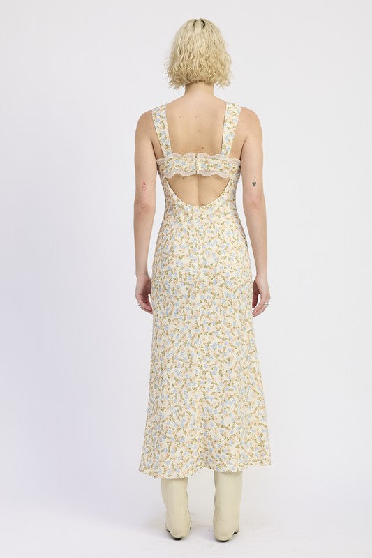Emory Park | Ditsy Print Midi Dress with Cutout and Lace Trim