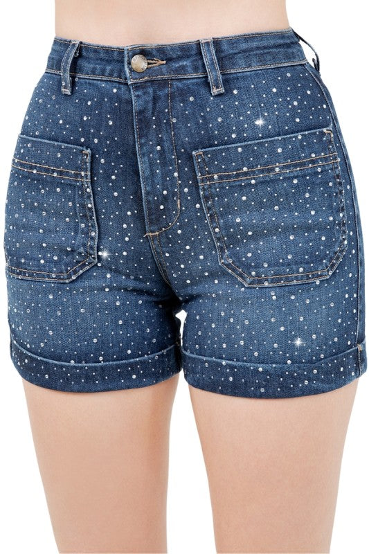 GJG Denim Willow Rhinestone Denim Short in Dark Wash