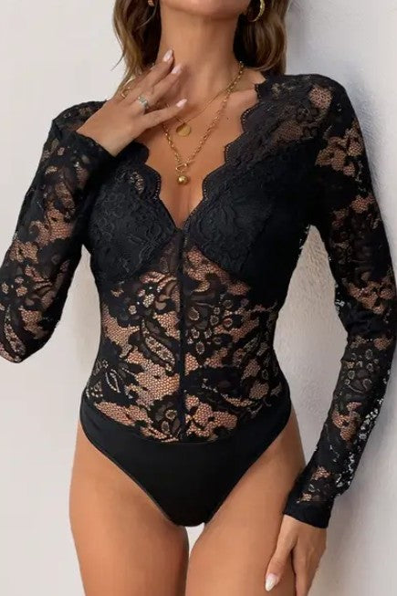 Miss Sparkling | Women's  Long Sleeve Lace Mesh  Bodysuit