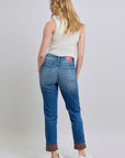 Judy Blue Full Size Plaid Print Cuff Straight Leg Jeans with Pockets