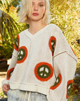 POL V Neck Long Sleeve Peace Pattern Sweater