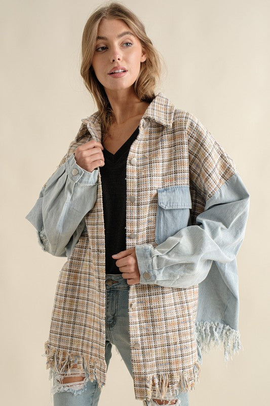 Tweed Mixed Denim Shacket with Fringed Hem