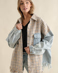 Tweed Mixed Denim Shacket with Fringed Hem