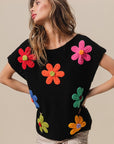 BiBi Flower Round Neck Cap Sleeve Knit Top