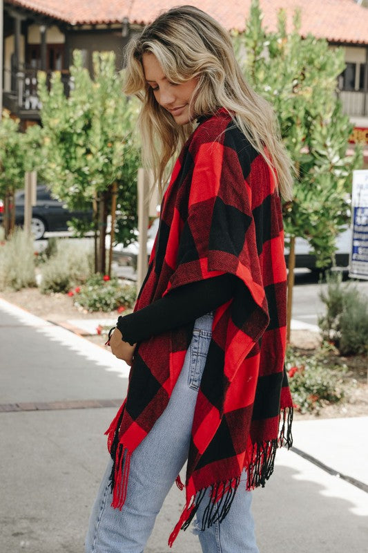Leto Accessories Buffalo Check Tassel Poncho