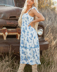 Floral Shirred Bodice Knot Shoulder Maxi Dress