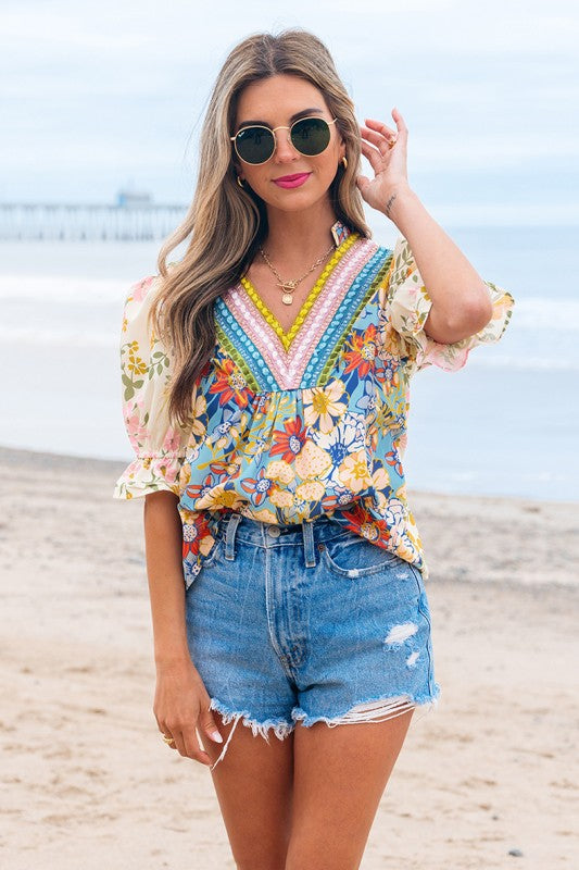 Crochet V Neck Half Sleeve Boho Floral Blouse