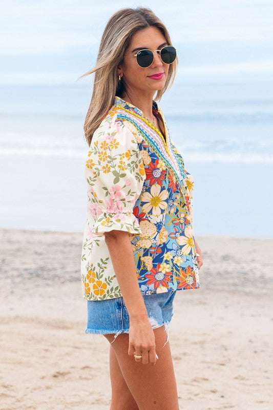 Crochet V Neck Half Sleeve Boho Floral Blouse
