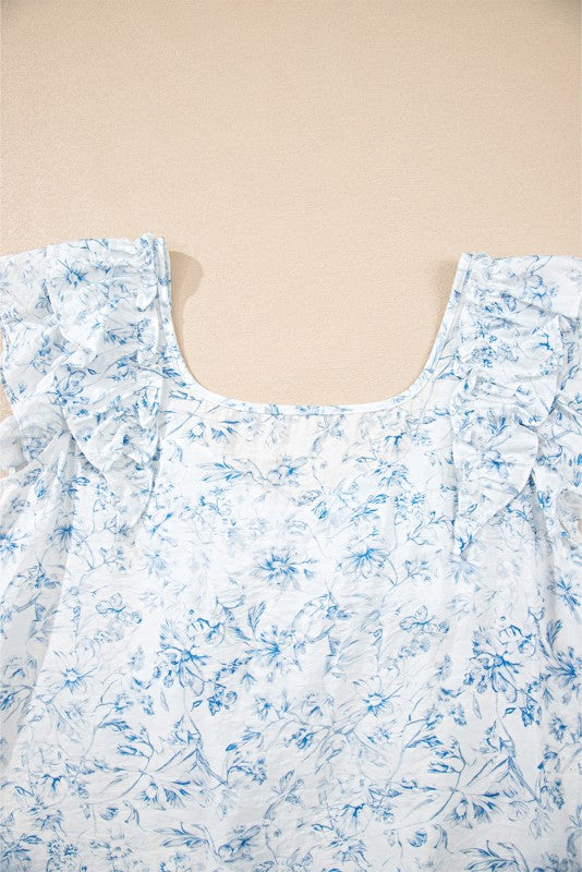 Ribbon Back Blue Floral Viscose Blouse