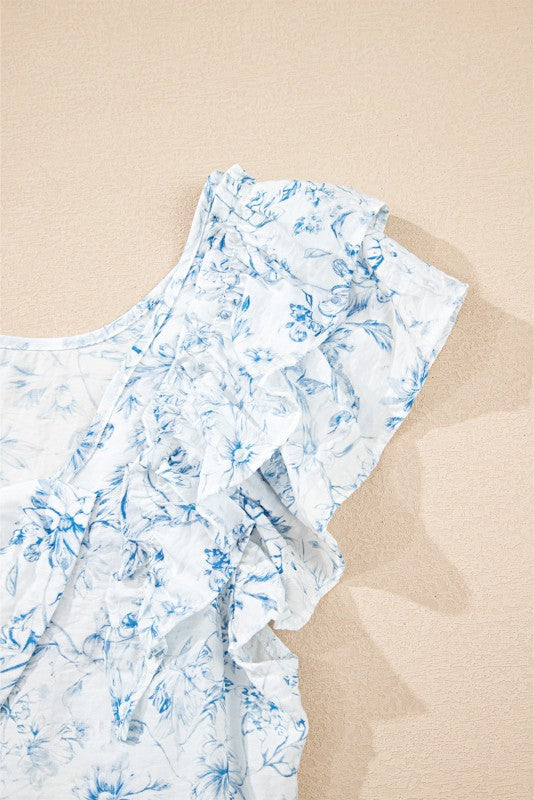 Ribbon Back Blue Floral Viscose Blouse