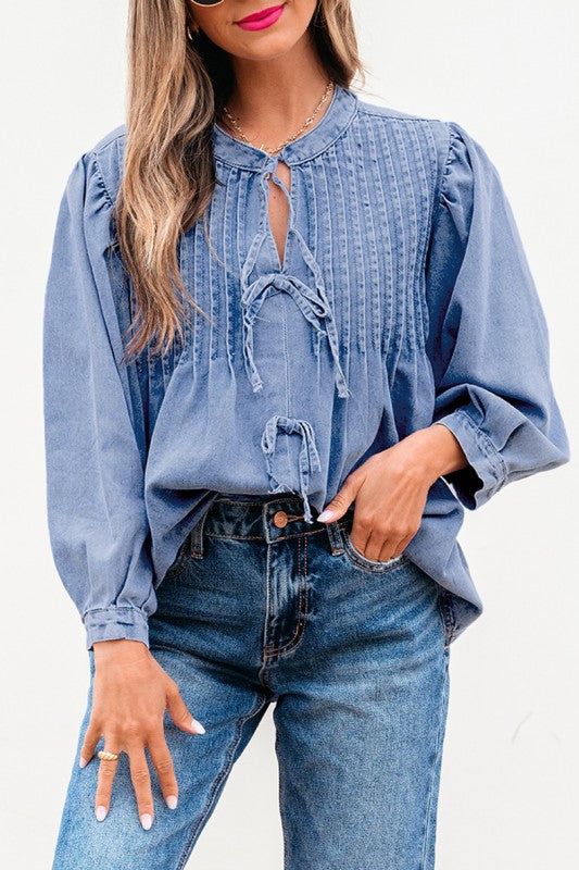 Denim Front Pintuck Bow Tie Puff Sleeve Top