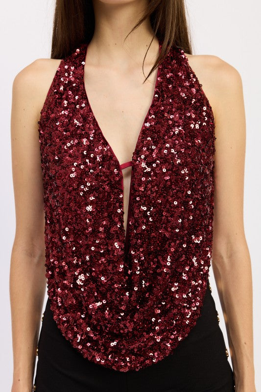 Emory Park Sequin Cowl Drape Halter Top